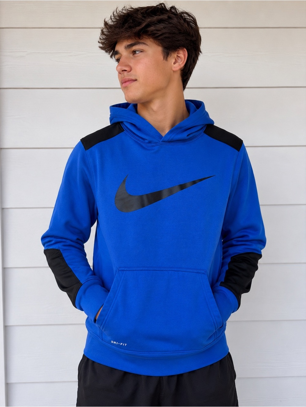 Nike Boys Royal Blue and Black Dri-FIT Pullover Hoodie Sz L